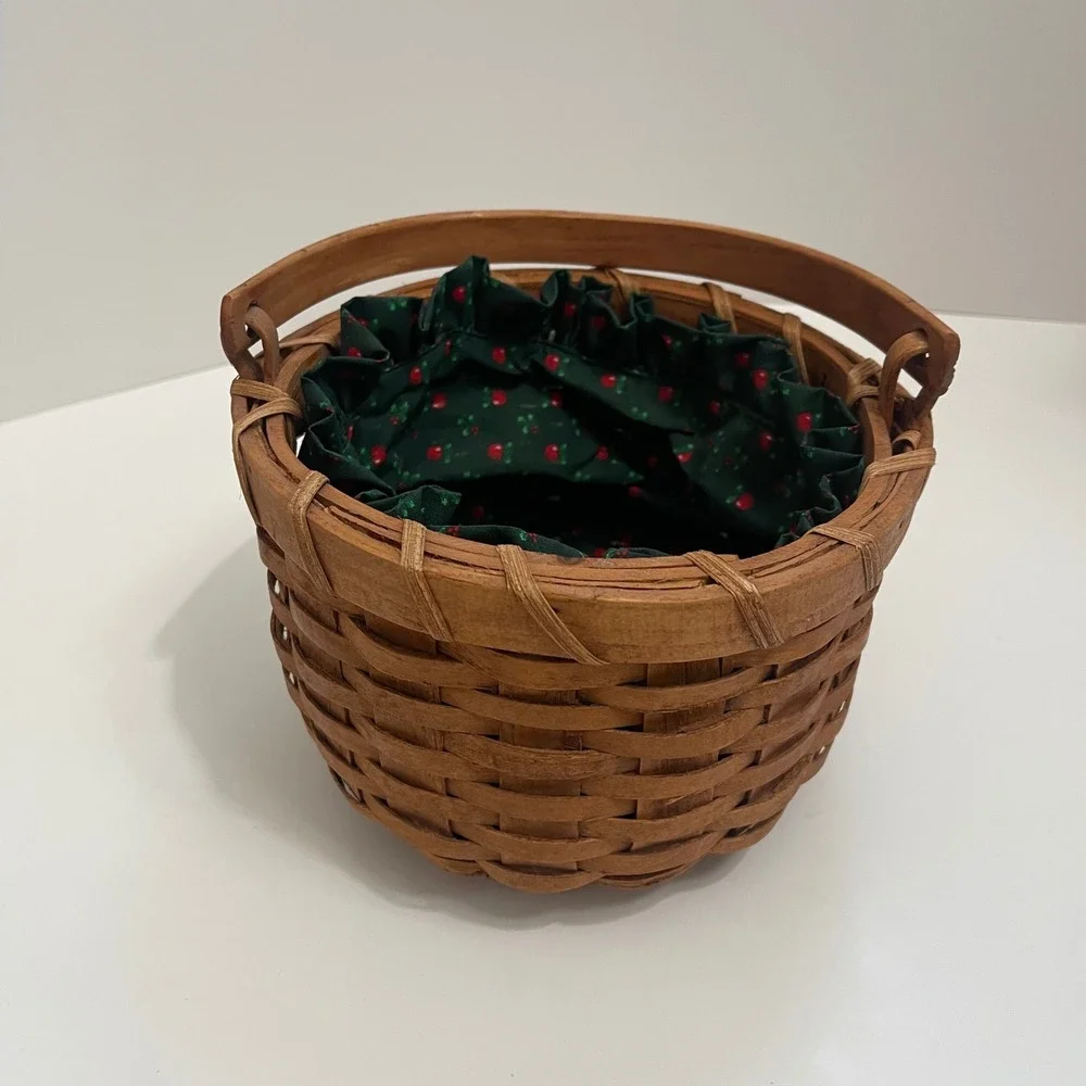 Vintage Woven Wood Round Basket with Handle and Green Cherry Apple Fabric Liner